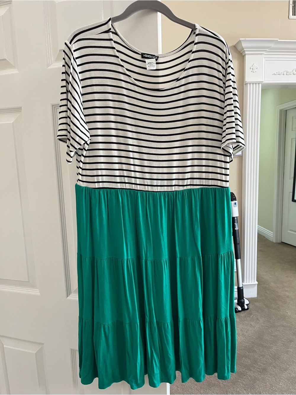 HEIMISH USA Black & White Striped Bodice with Green Tiered Midi Dress